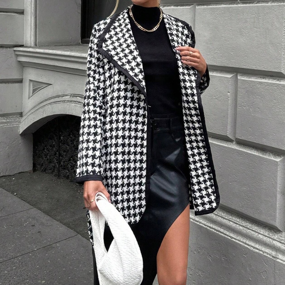 Classic Houndstooth Print Tweed Belted Coat Jacket - Picture 3 of 6